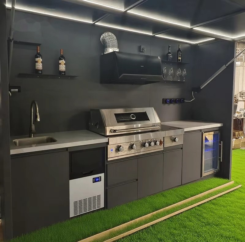 Outdoor aluminum kitchen cabinet interior detail