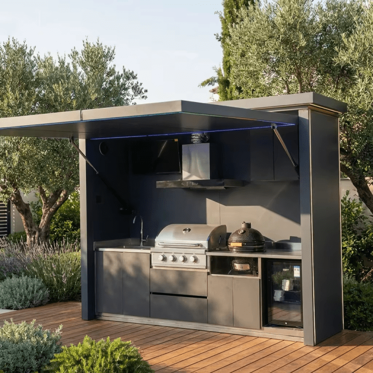 Covered outdoor kitchen cabinet for BBQ and outdoor living project