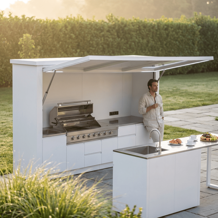 Modern white outdoor kitchen cabinet setup on a patio