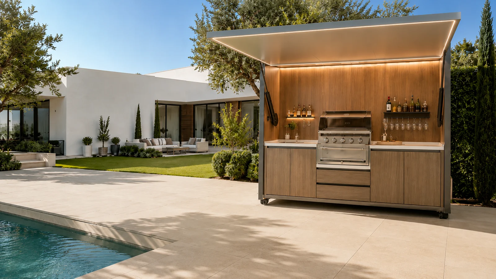 Covered outdoor kitchen cabinet in a daytime villa patio outdoor kitchen scene